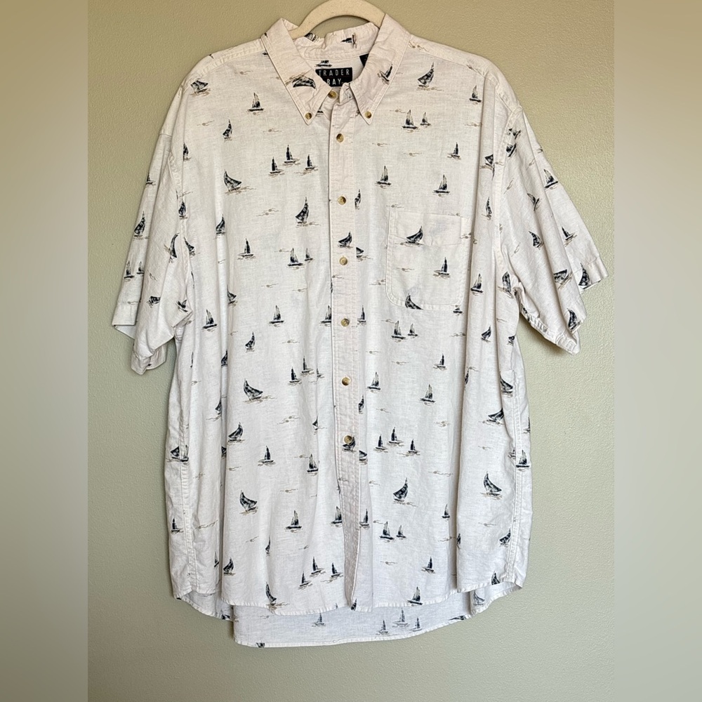Trader Bay Men's Linen Casual Sailboat Novelty Coastal Button Shirt Size 2XL m6